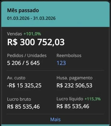 Print de WhatsApp do aluno Lucas com vendas de R$ 300.752 no mês