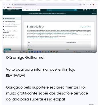 Mensagem do aluno Marcos Paulo avisando que a loja foi reativada